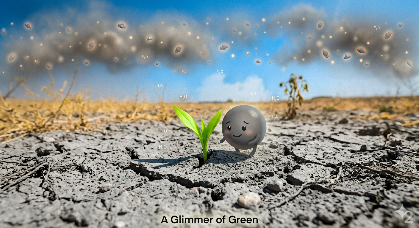 Cee-Cee the Carbon Atom floating high above the Earth in a warm, crowded sky.