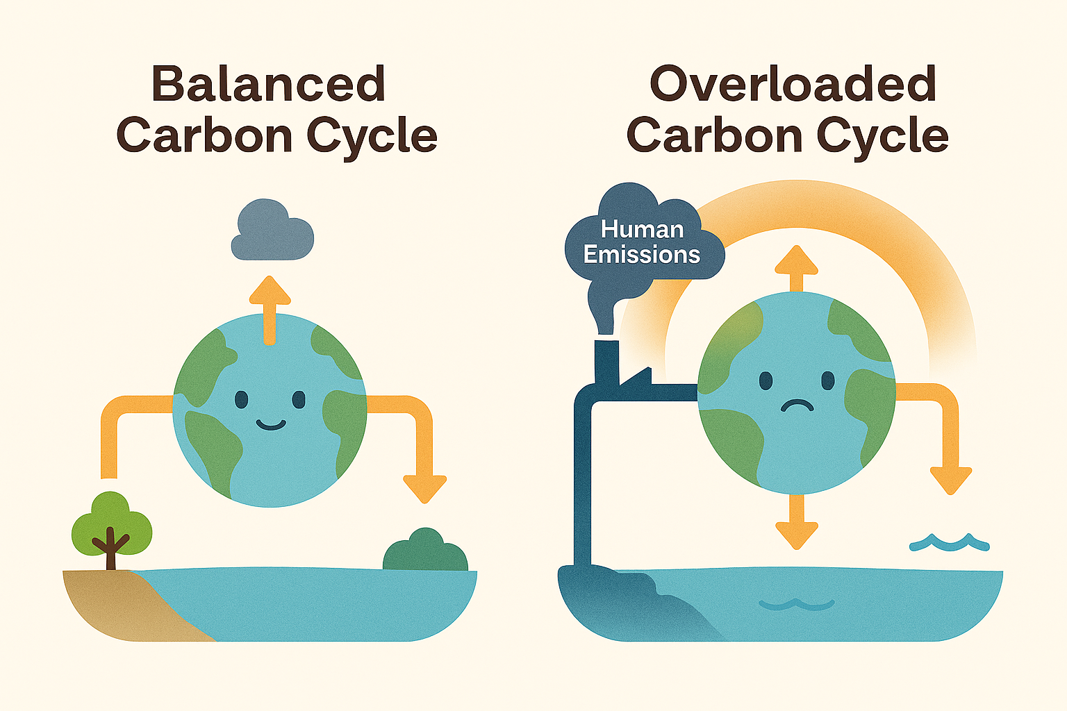 Balanced vs Overloaded Carbon Cycle illustration showing natural carbon flows and human emissions
