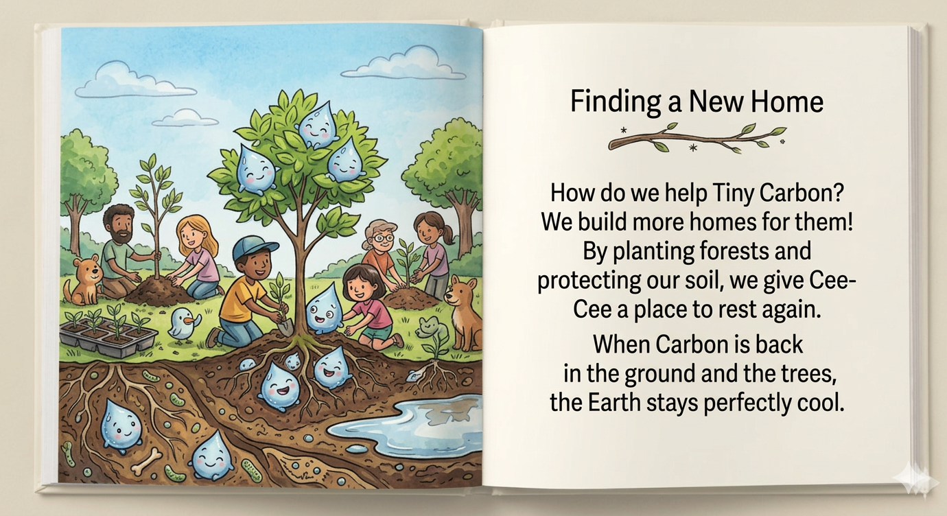 A parent and child planting a sapling with Cee-Cee floating toward it.