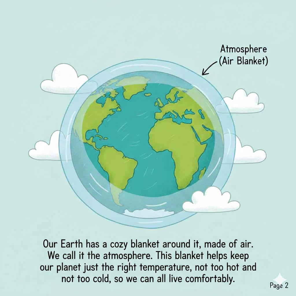 A close-up of the Earth with a thin, cozy air blanket around it labeled Atmosphere.