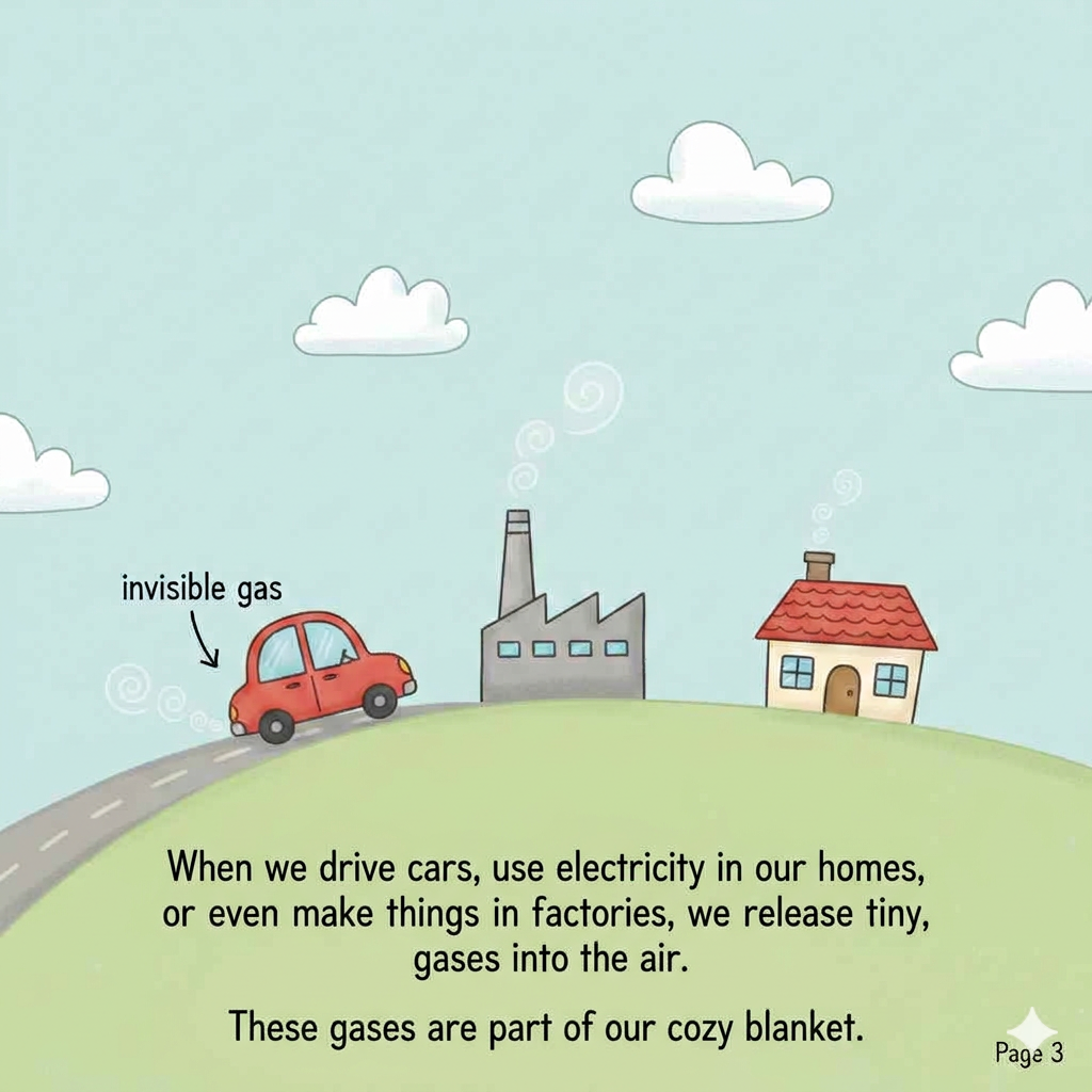 A car driving, a factory, and a house releasing tiny invisible gases into the air.
