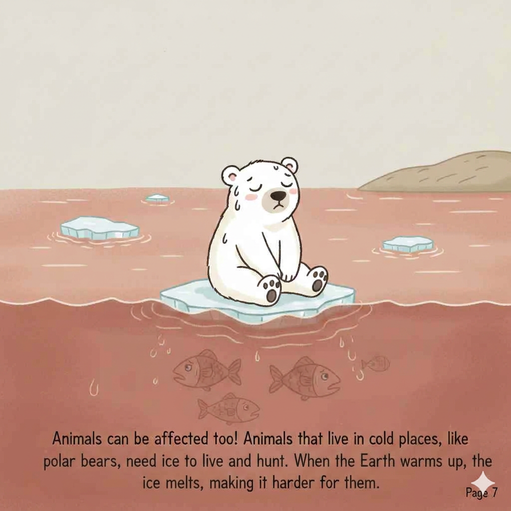 A sad polar bear on a small piece of melting ice in the ocean.