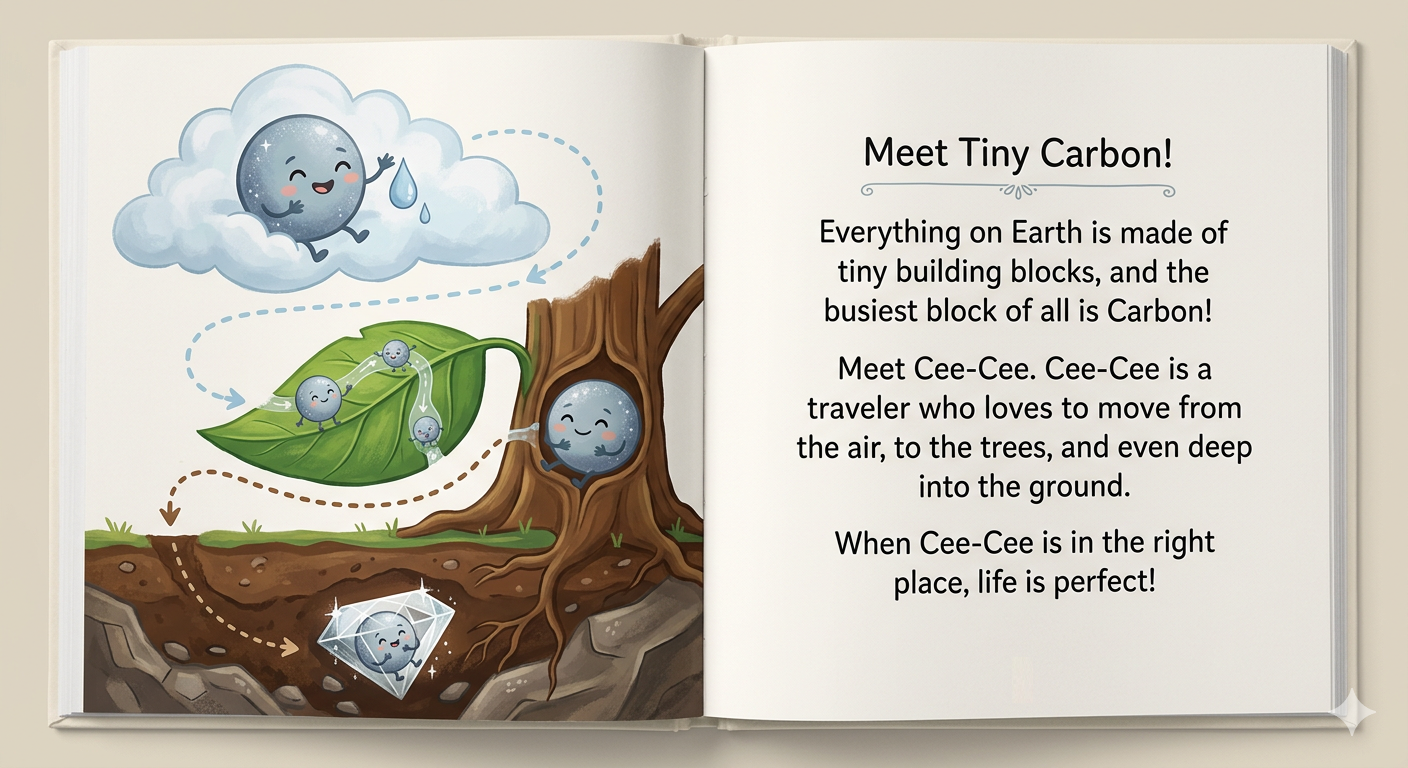 Cee-Cee the carbon atom in a leaf, a cloud, and a diamond.