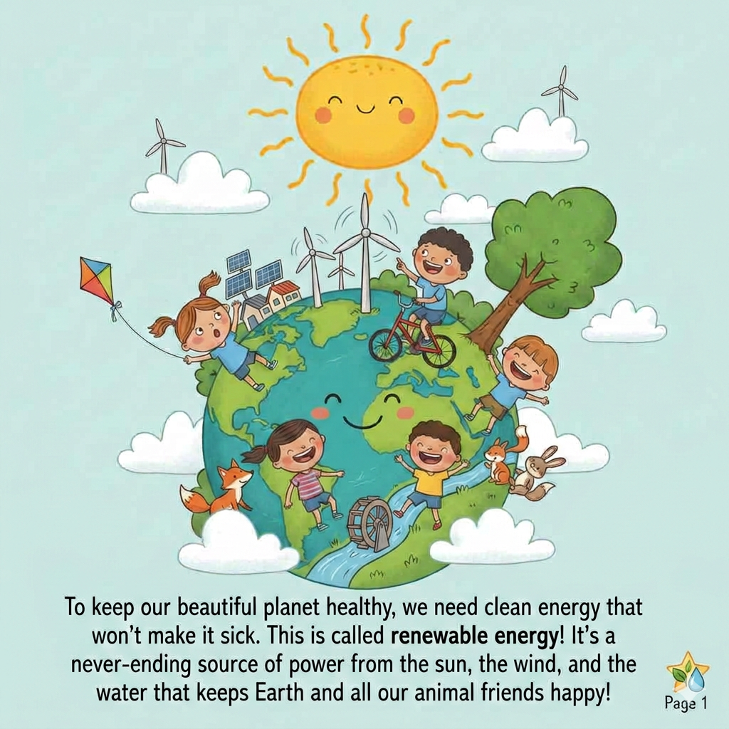 A vibrant landscape with a house wearing a solar panel hat and energy flowing from nature.