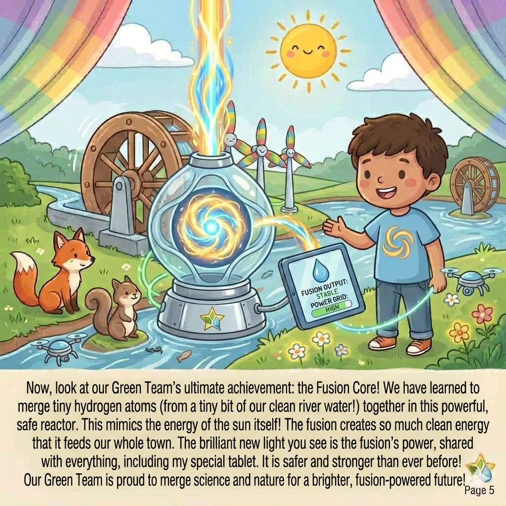 Kid scientists looking at a glowing star inside a safe, futuristic fusion machine.