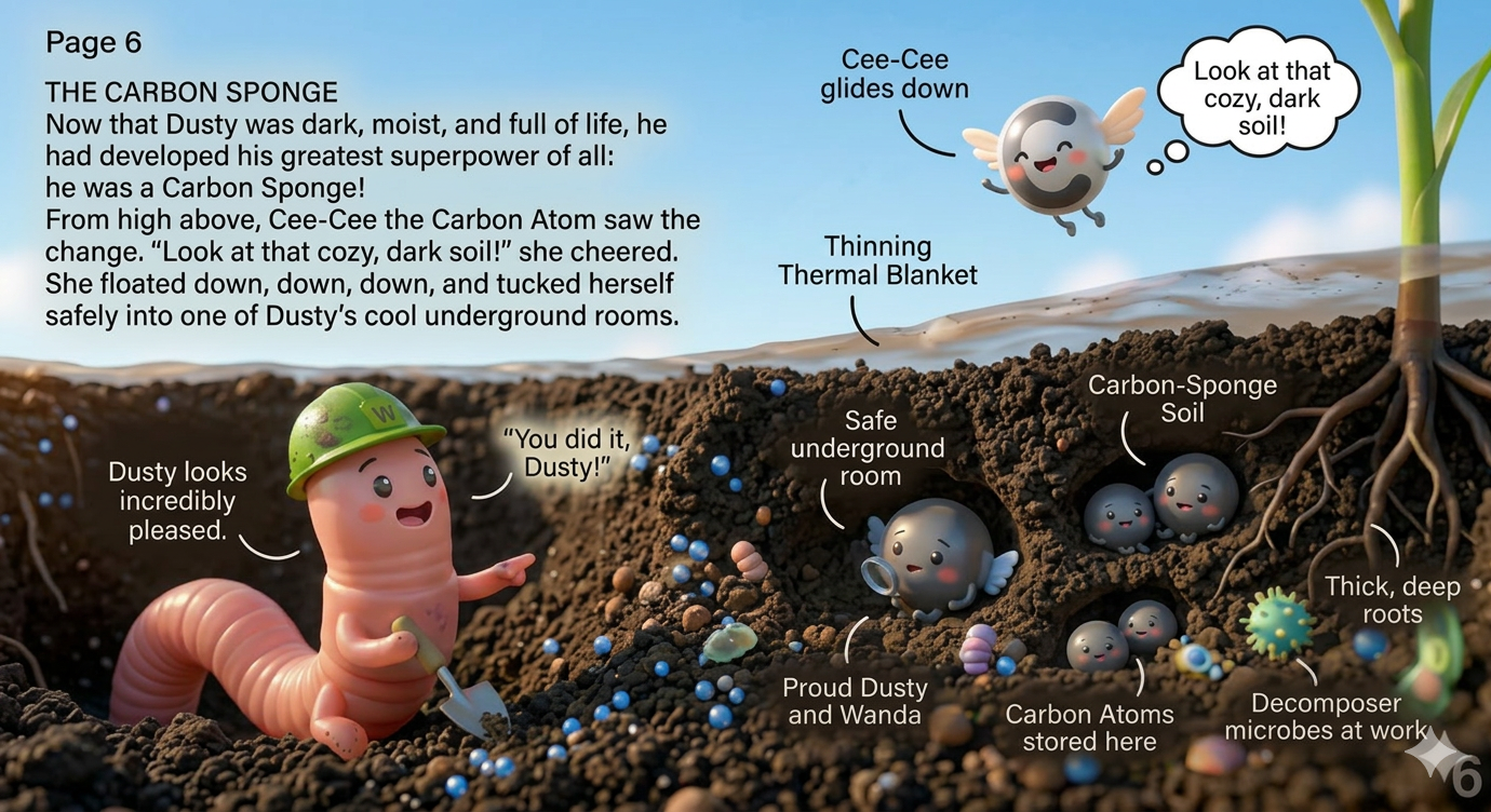Healthy, dark soil storing carbon atoms safely underground.