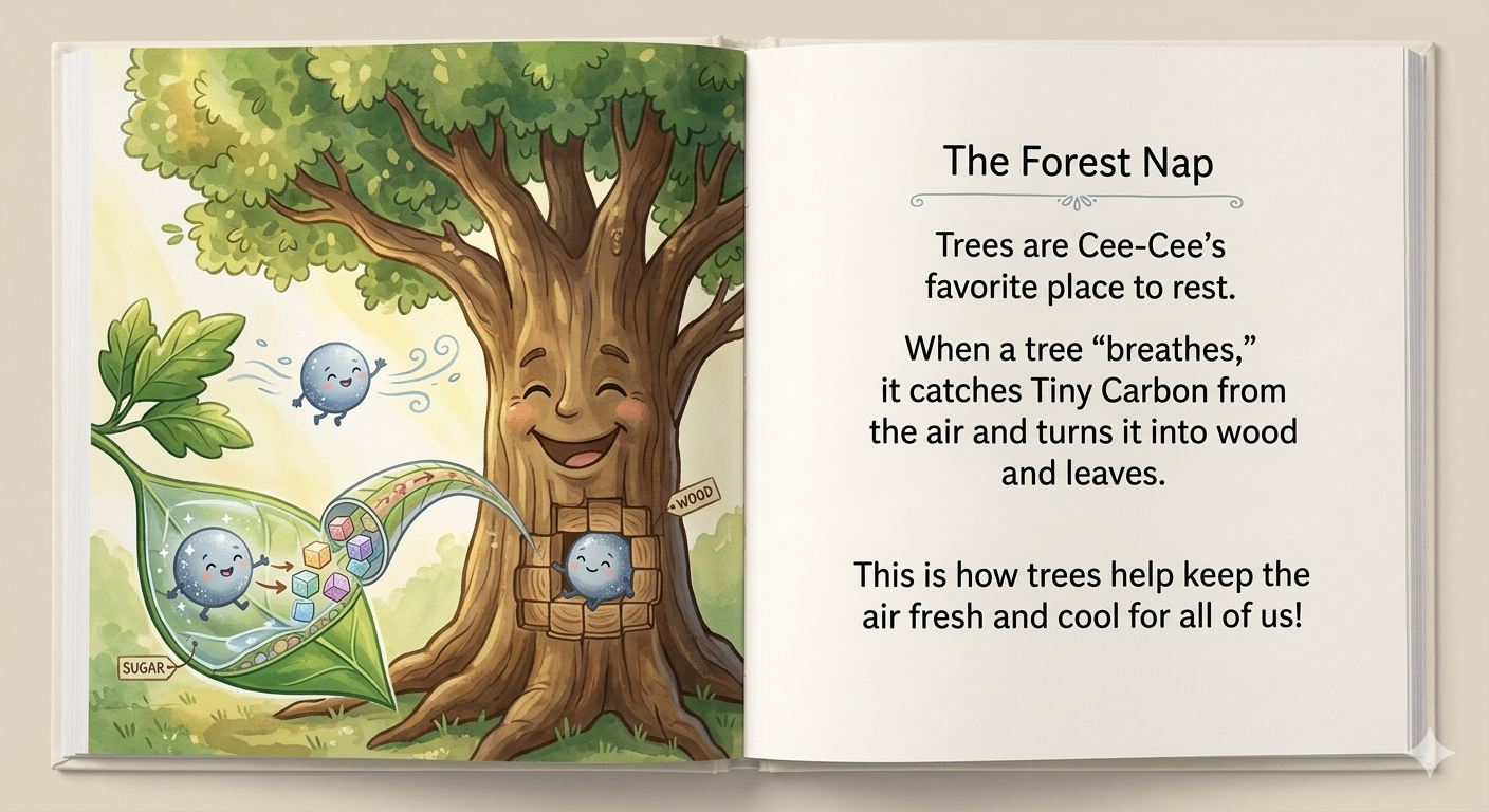 A smiling oak tree inhaling Cee-Cee into a bright green leaf.