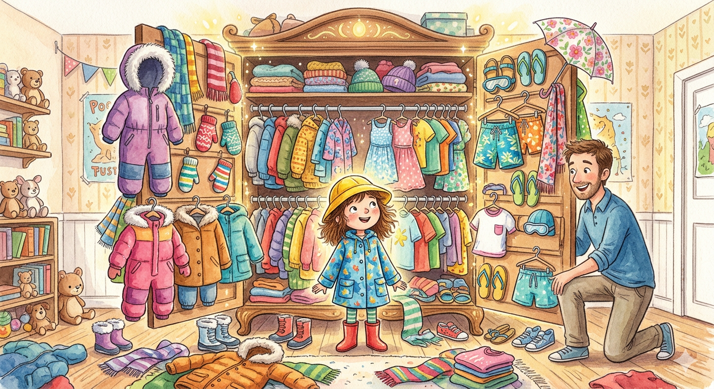 A large closet full of seasonal clothes representing climate vs a single outfit representing weather.