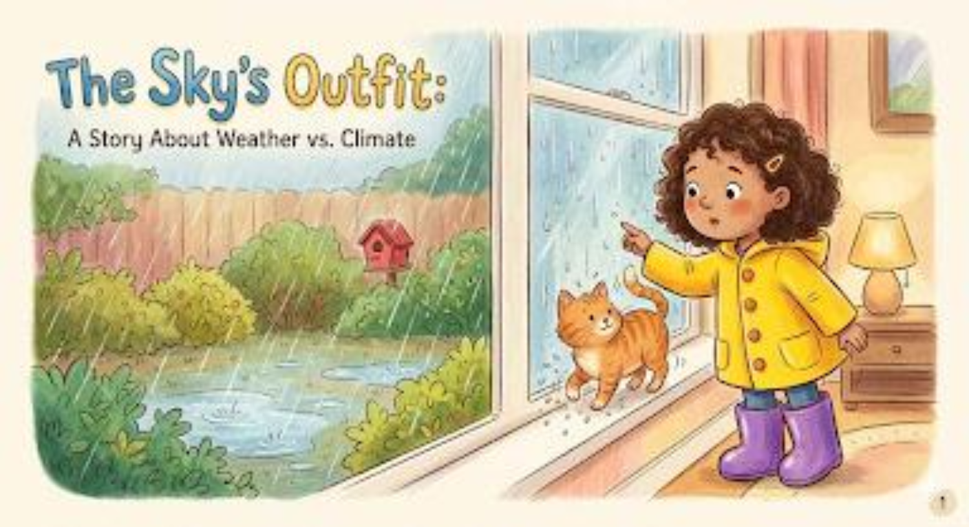 Child wearing a raincoat in the rain to explain what weather is for kids.