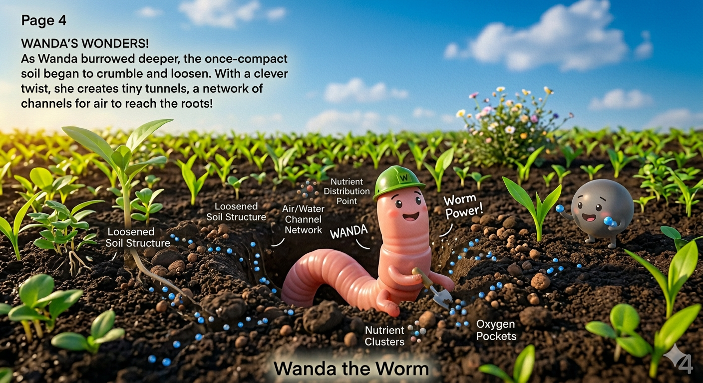 Wanda the Worm creating tunnels through the soil as new roots begin to grow.