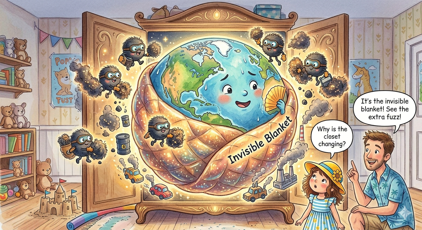 Illustration of the greenhouse effect as an invisible blanket around Earth for kids.